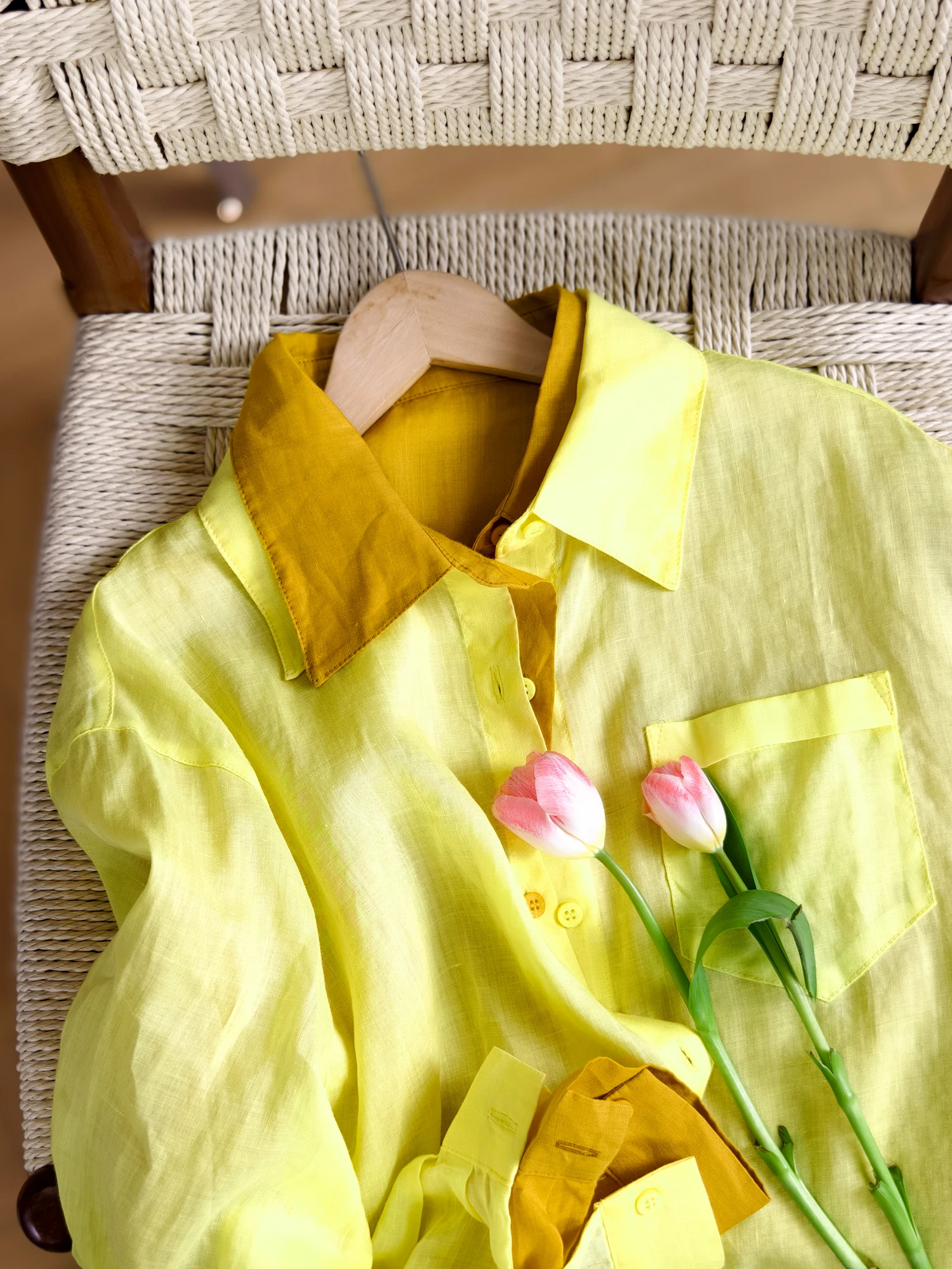 

Легкая и удобная женская рубашка с длинным рукавом из 100% льна, серия цветов «Дофамин», от Little Ear Produ...