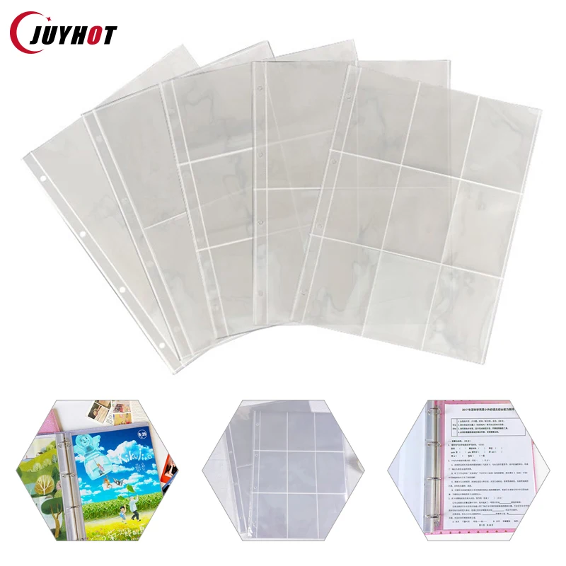 Latest 10Pcs A4 Clear Photo Album Refill Pages File Protector 4 Holes 9 Ring Binder for Photocards Cards Notebook