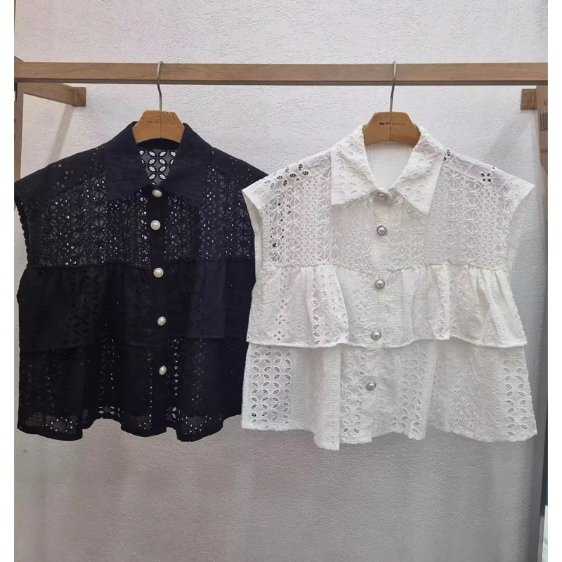 

Loose Fit Korean Style Embroidered Hollow out Sleeveless Shirt Women's Summer Fashionable Breathable Casual Button up Top