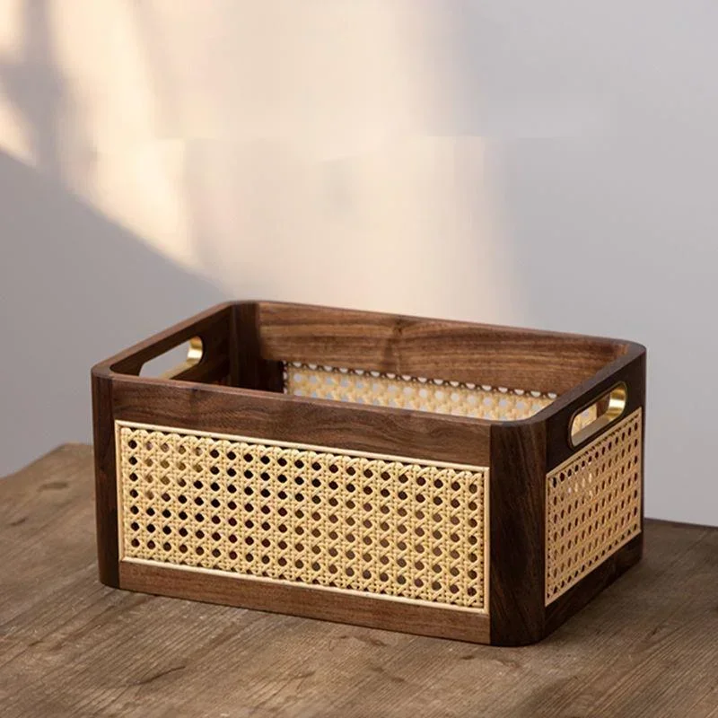 Black Walnut Storage Organizer Vine Weaving Design Storage Basket Multi-function Organizer Boxes Brass Handle Toy Basket