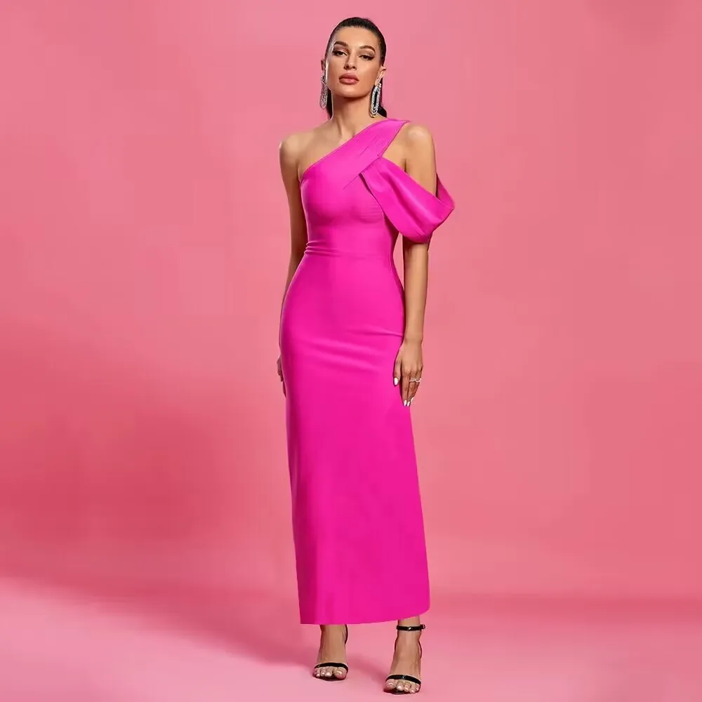 One Shoulder Long Bandage Dress Fashion Sexy Elegant Evening Party Bodycon Dress Women Birthday Club Deep Split Maxi Dress