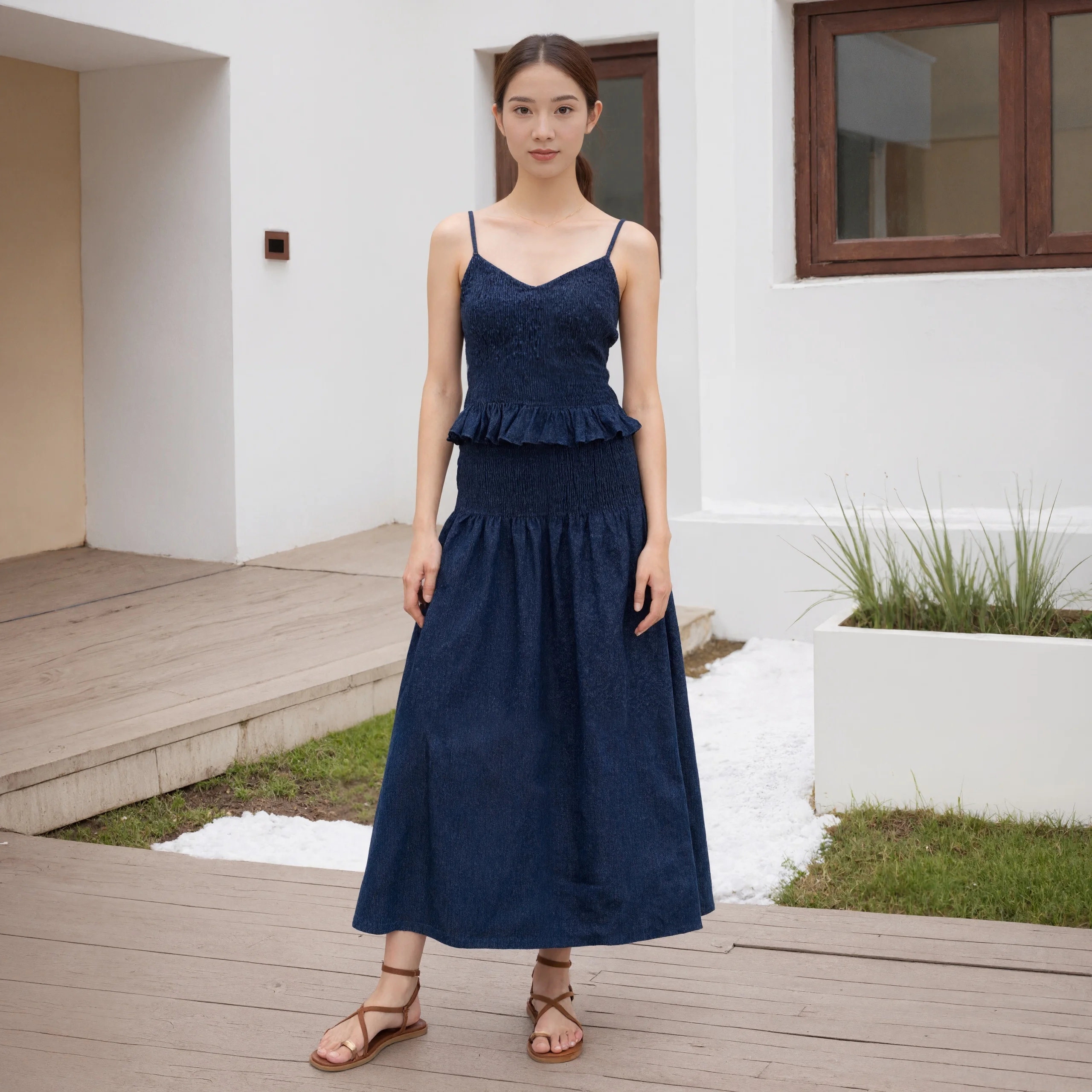 المرأة تقليد الدنيم ماكسي تنورة عالية الخصر Shirred Lmitation الدنيم ألف خط التنانير الطويلة عادية الصيف الربيع جان قيعان