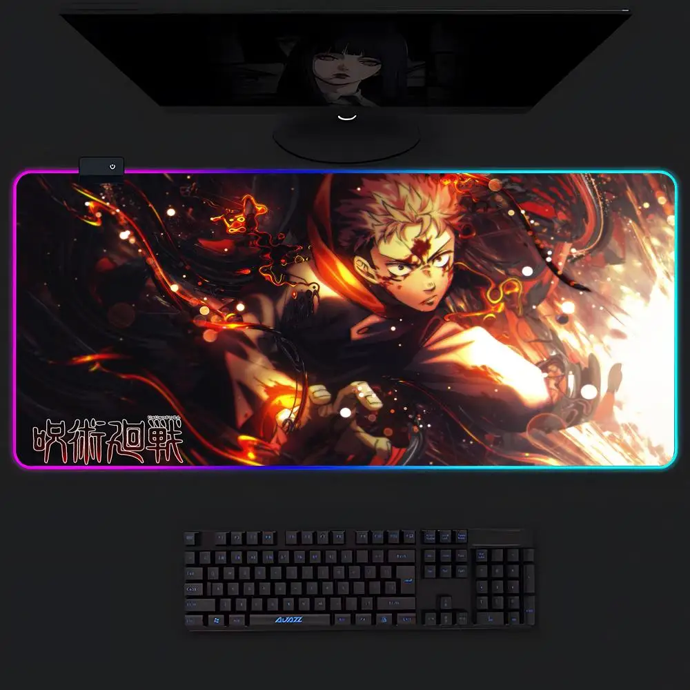 

J-Jujutsu K-Kaisen Mouse Pad Gamer Luminescence Led Mouse Pad Gaming Table Rgb Deskmat Keyboard Pc Mousepad