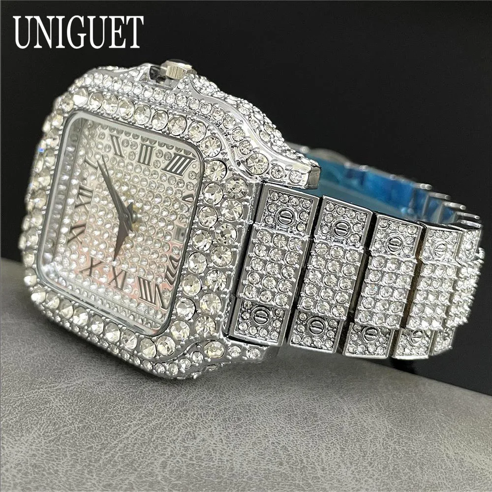 2024 UNIGUET Iced Watch For Men Lxuxry Stainless Steel Quartz Watches Fashion Hip Hop Diamond Square Wristwatch Man Dropshipping