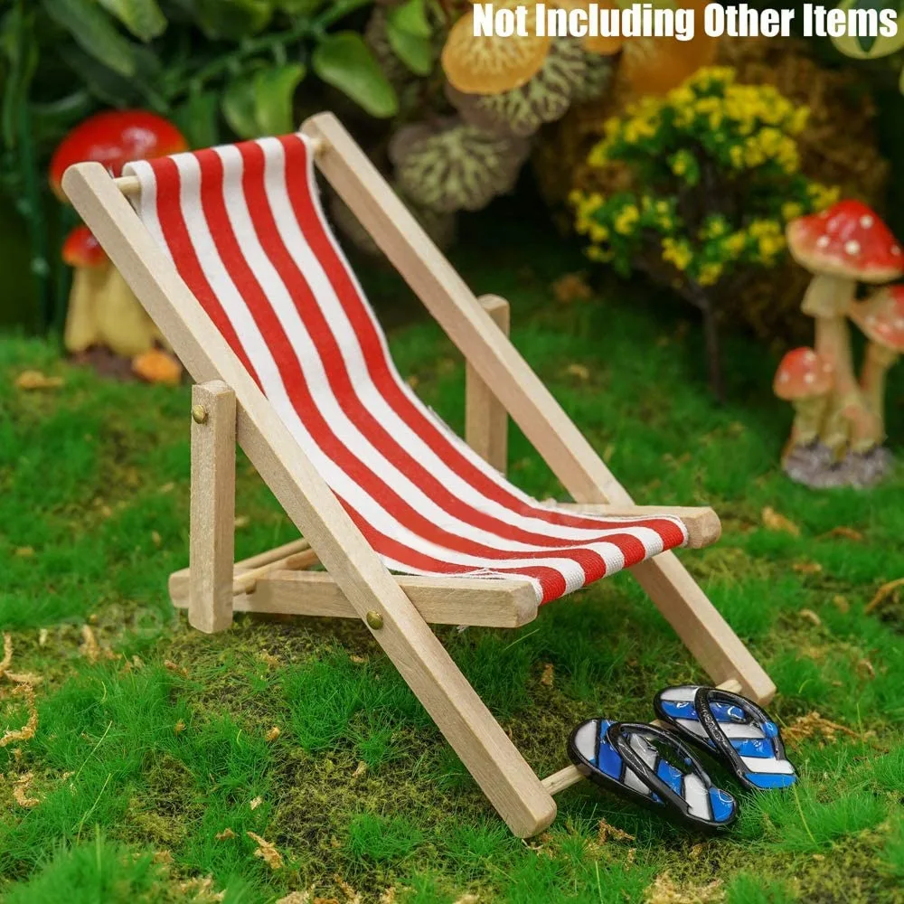 FBIL-3Pcs 1:12 كرسي شاطئ خشبي مصغر قابل للطي كرسي صغير للسطح كرسي طويل للسطح مع ملحقات بيت الدمى شريطية