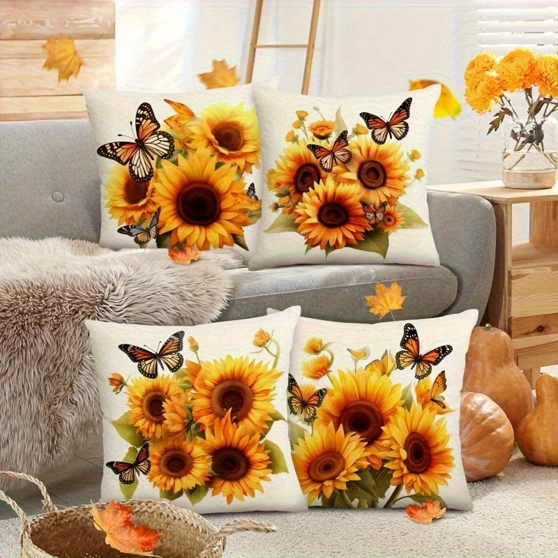 4-piece Realistic Style Sunflower and Butterfly Pillowcase Set, Adding Vibrant Colors to Your Home, Single-sided Printed Sofa