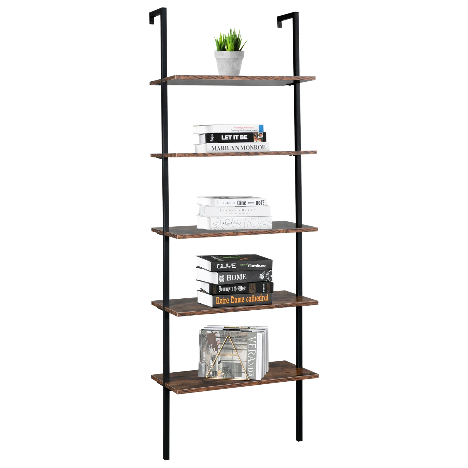 Industrial Wall Mounted Bookcase 5-Tier Open Ladder Shelf Bookshelf with Metal Frame, 23.6