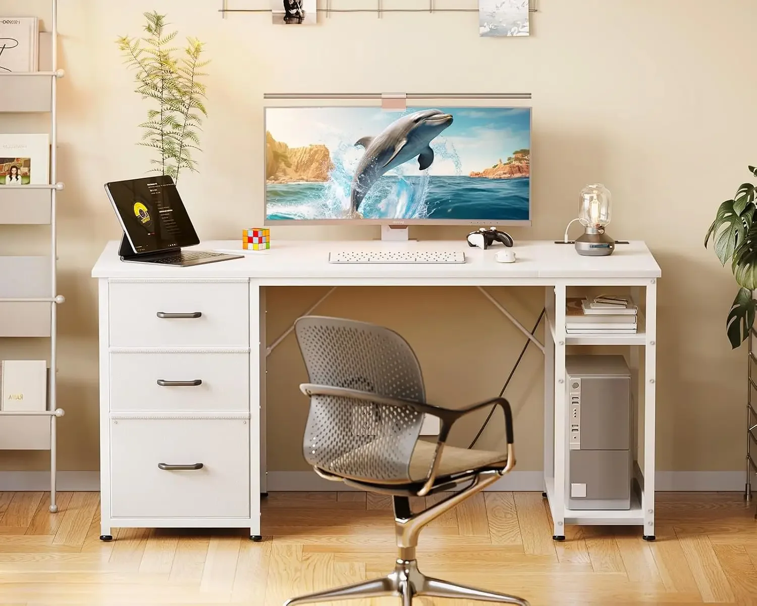 

51 Inch Computer Desk with File Drawers & USB Power Outlets, Work from Home, Modern Work/Writing/Study Table for Bedroom, White
