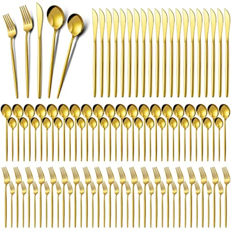 

400 Pcs Gold Stainless Steel Utensils Set for 80 Guests Reusable Dinner Cutlery Tableware Set for Wedding Anniversary Party Hom