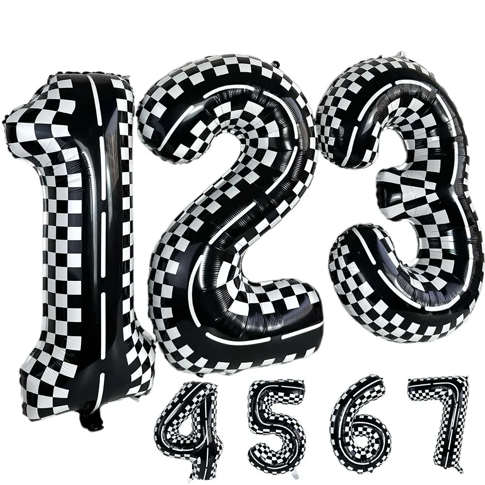 27 Zoll Karierter Rennstrecken-Zahlenballon Rennballons Deko Schwarz-Weiß Zahlenballon Rennwagen-Thema Geburtstagsparty Deko-Zubehör