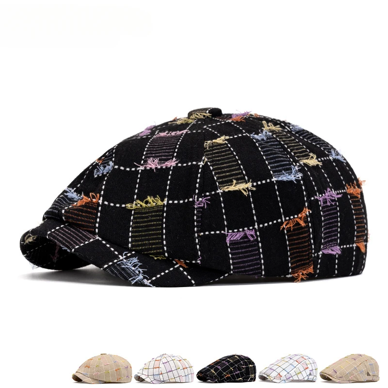 Vintage Frayed Beret Women Spring Summer Korean Grid Newsboy Hat Adjustable Hat Cotton Sunlight Hat