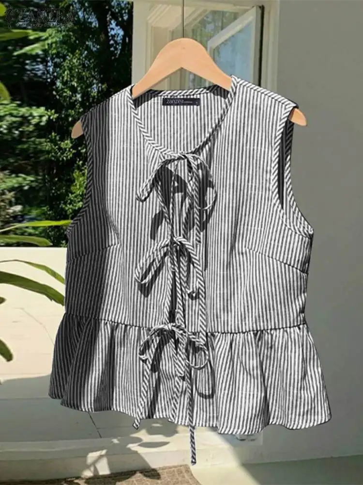 ZANZEA Women Sweety Striped Tank Tops Summer Sleeveless Lace Up Ruffle Tanks 2024 Korean O-neck Vest Casual Loose Peplum Blouse