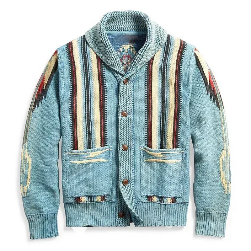 

Autumn and Winter New Men's Clothing, Retro Jacquard Sleeve Lapel Knitted Sweater Men's