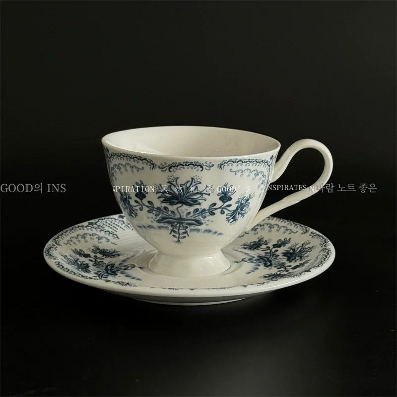 French Sle Retro Plate Coffee Cup Saucer Blue White Floral Mid-ancient Classic Ceramic Dessert Cake Western Food Regent