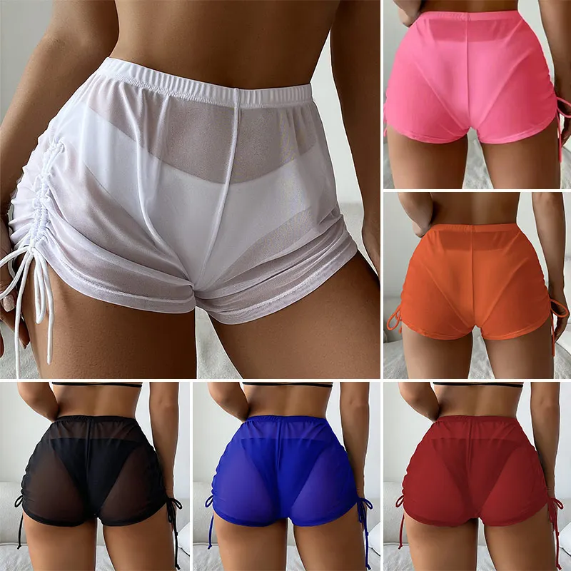 Summer Mesh Shorts Drawstring High Waist Transparent Short Pants Summer Beach Swim Shorts Bikini Bottom Cover Up Solid Beachwear