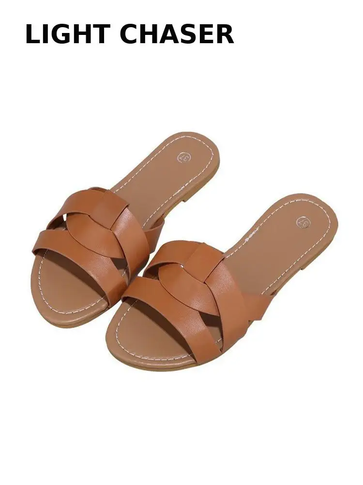 Woman Flat Slippers Summer 2022 New Stylish Pleated Sandals For Women Casual Flip Flops Pure Color Women's Shoes Large Size 42