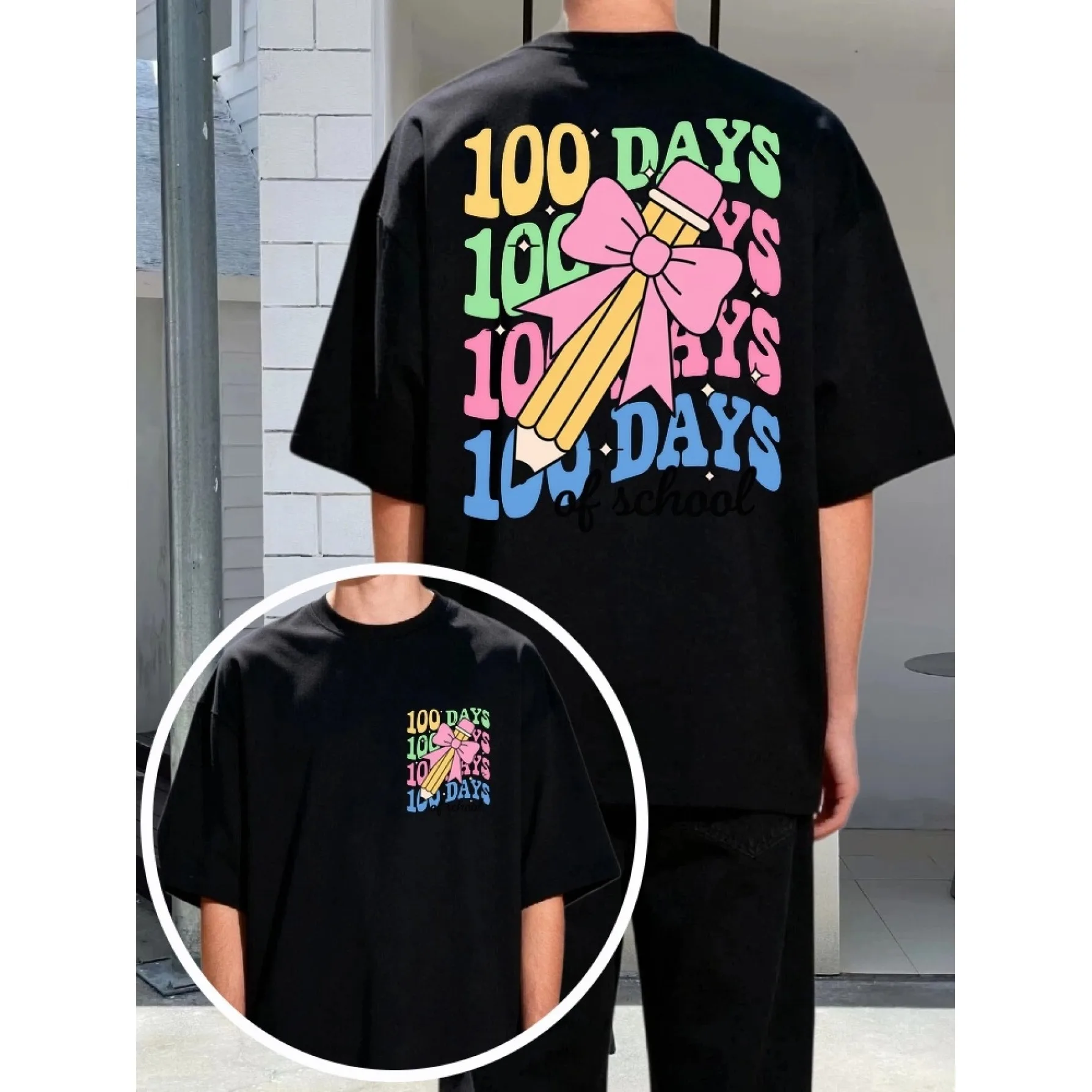 Double-Sided Printed Short-Sleeved Shirt Black T-Shirt 100 Days of School Pencil Pink Bow Colorful Typography Graphic