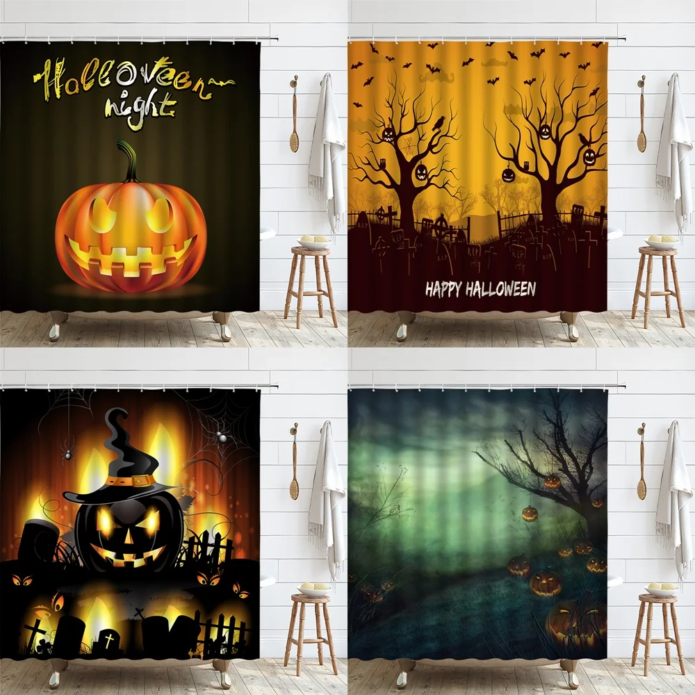 Halloween Shower Curtain Scary Cemetery Dead Tree Black Crow Bats Spooky Pumpkin Moon Bath Curtains Home Bathroom Bathtub Decor