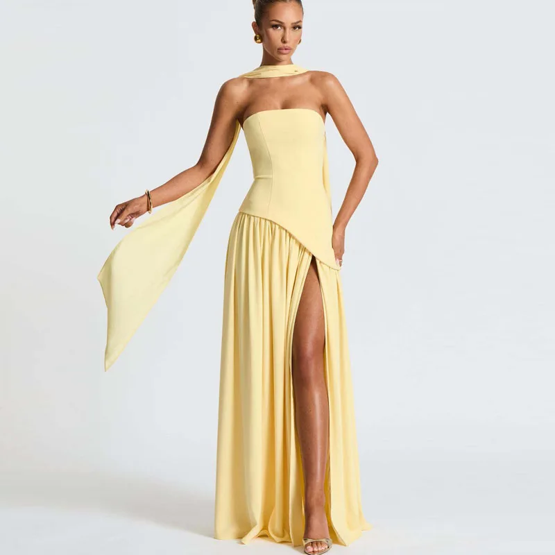 Women Long Dress Elegant Strapless Scarf Neck Pleat Dress Sexy Slim Backless Summer Waist Pleated Slit Party Ribbon Corset Dress