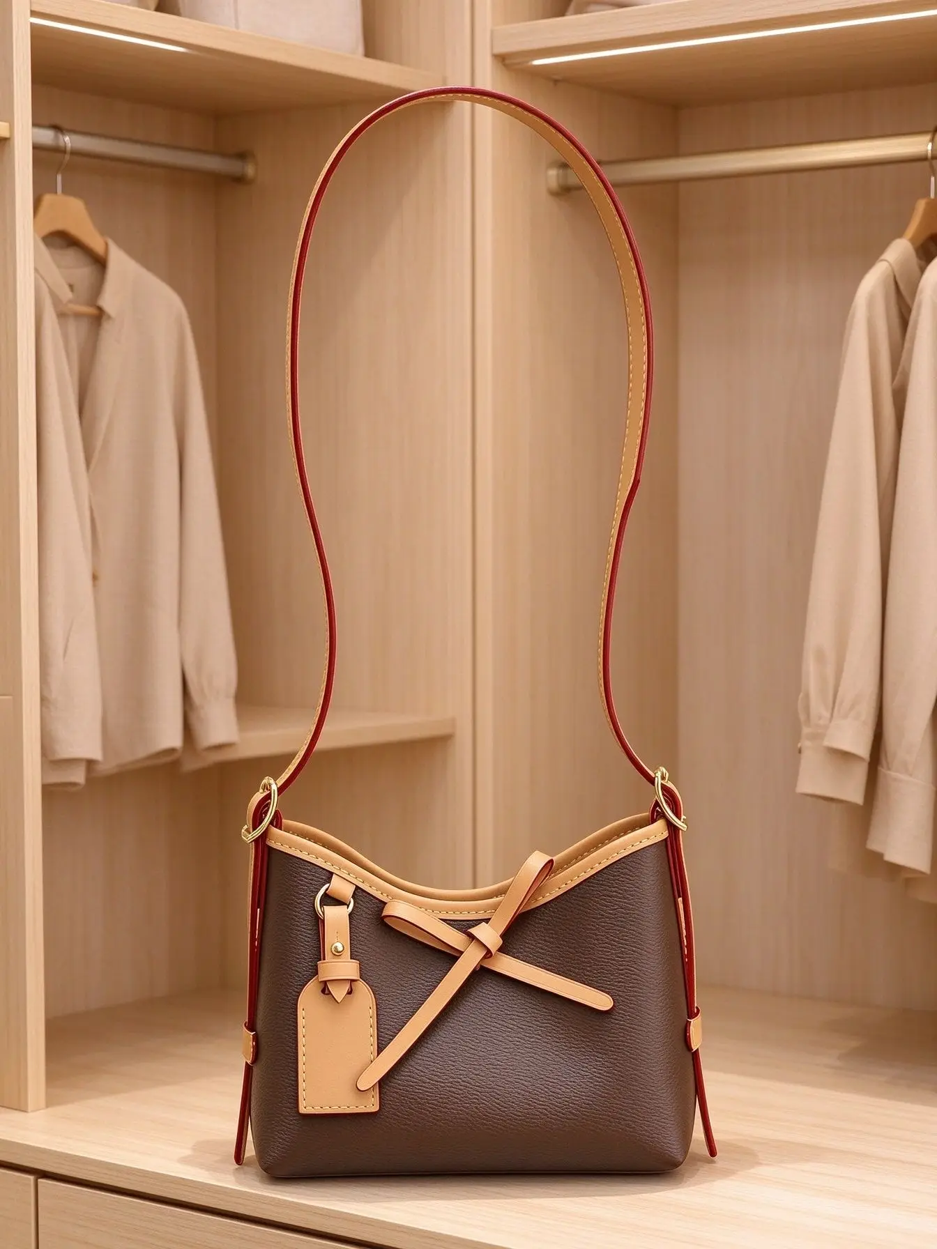 Women Vintage Hobo Shoulder Bag PU Leather Contrast Trim Bow & Tag Decor Adjustable Strap Underarm Crossbody Handbag