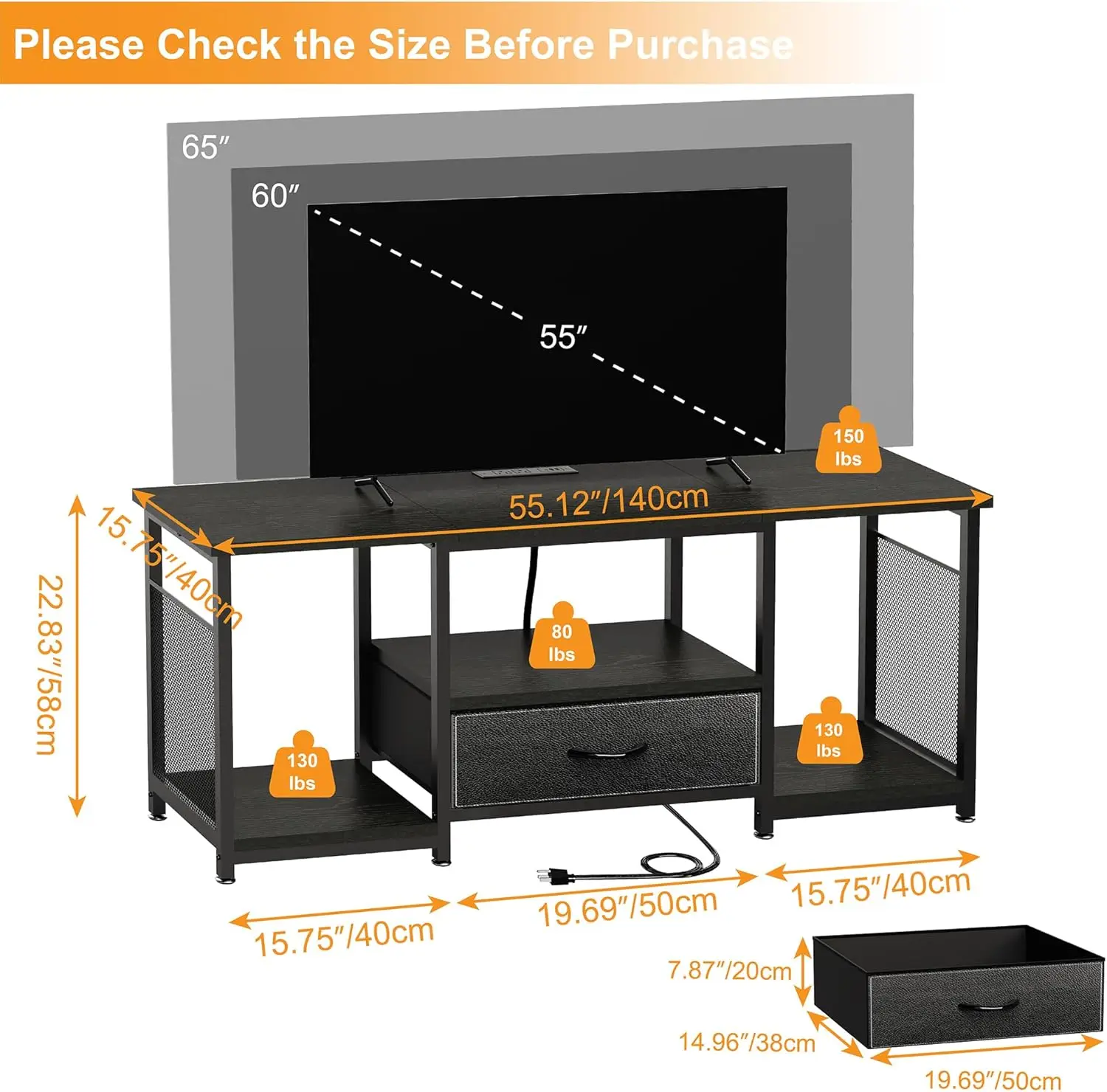 حامل تلفزيون عالمي مع حامل ومخرج طاقة وأدراج قماشية - مركز ترفيهي لتلفزيون 32-85 #4