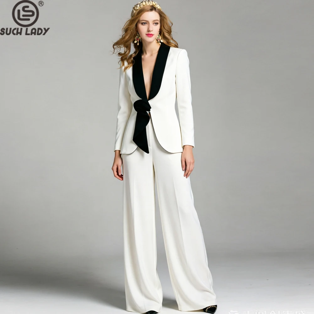 Women's Blazer & Wide Leg Pants Set - Shawl Collar Long Sleeve Suit with Black Satin Rose Sash - Elegant Formal Party Outfit