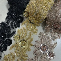 Luxury Embroidery Crystal Beaded Lace Trim, High Quality Beads Lace Trim Applique For Wedding Dress