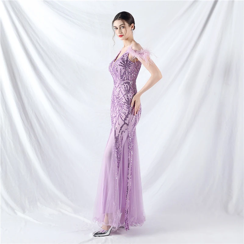 ملابس الصيف النسائية السباغيتي حزام ريشة الترتر شبكة مثير العميق الخامس الرقبة عارية الذراعين مساء حفلة كوكتيل حفلة موسيقية فستان طويل #2