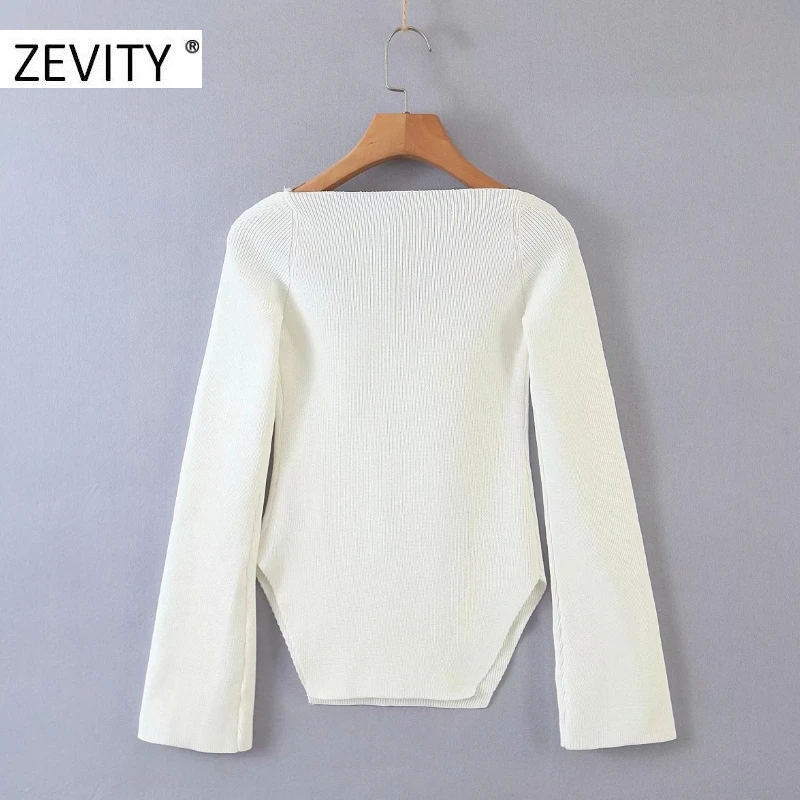 ZEVITY NEW women sexy square collar solid knitting casual slim sweater female long sleeve side split pullover sweater tops S385