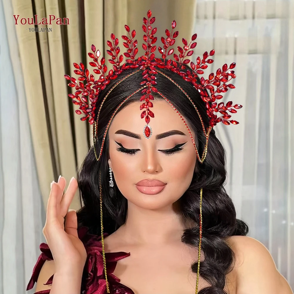 

YouLaPan Luxury Bride Crown Head Hoop Tassel Wedding Headwear Hair Jewelry Red Color Rhinestone Headpieces Accessories HP952