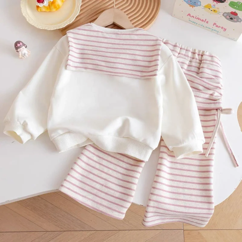 Spring and Autumn Girls' Outfit: Stylish Baby Clothing with Unique Cartoon Striped Shawl Sweatshirt and Casual Pants