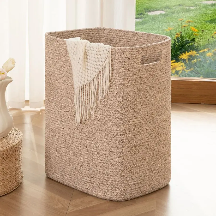 

Laundry Hamper, Rectangle Cotton Laundry Basket with Handles, Large Blanket Basket for Living room, Woven Decorative Storage for