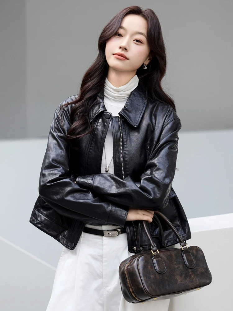 Chaqueta corta informal de cuero genuino para motocicleta para mujer primavera otoño 2025 nuevo abrigo de piel de oveja auténtica con cera de aceite suave Simple de gama alta