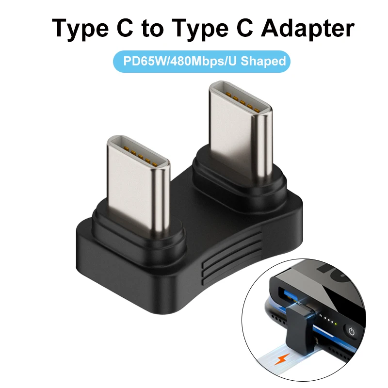 

180 Degree Angled USB C Adapter PD65W Male to Male Type C Charging Adaptor 480Mbps Data Transfer Converter for Phone Tablet