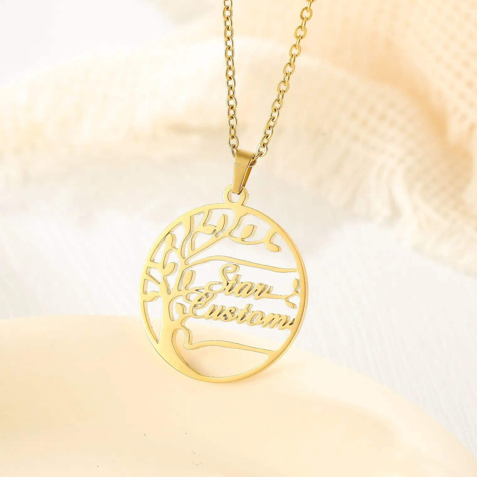 

Personalized Family Tree Necklace With Name For Women Custom Member Names Gold Stainless Steel Pendant