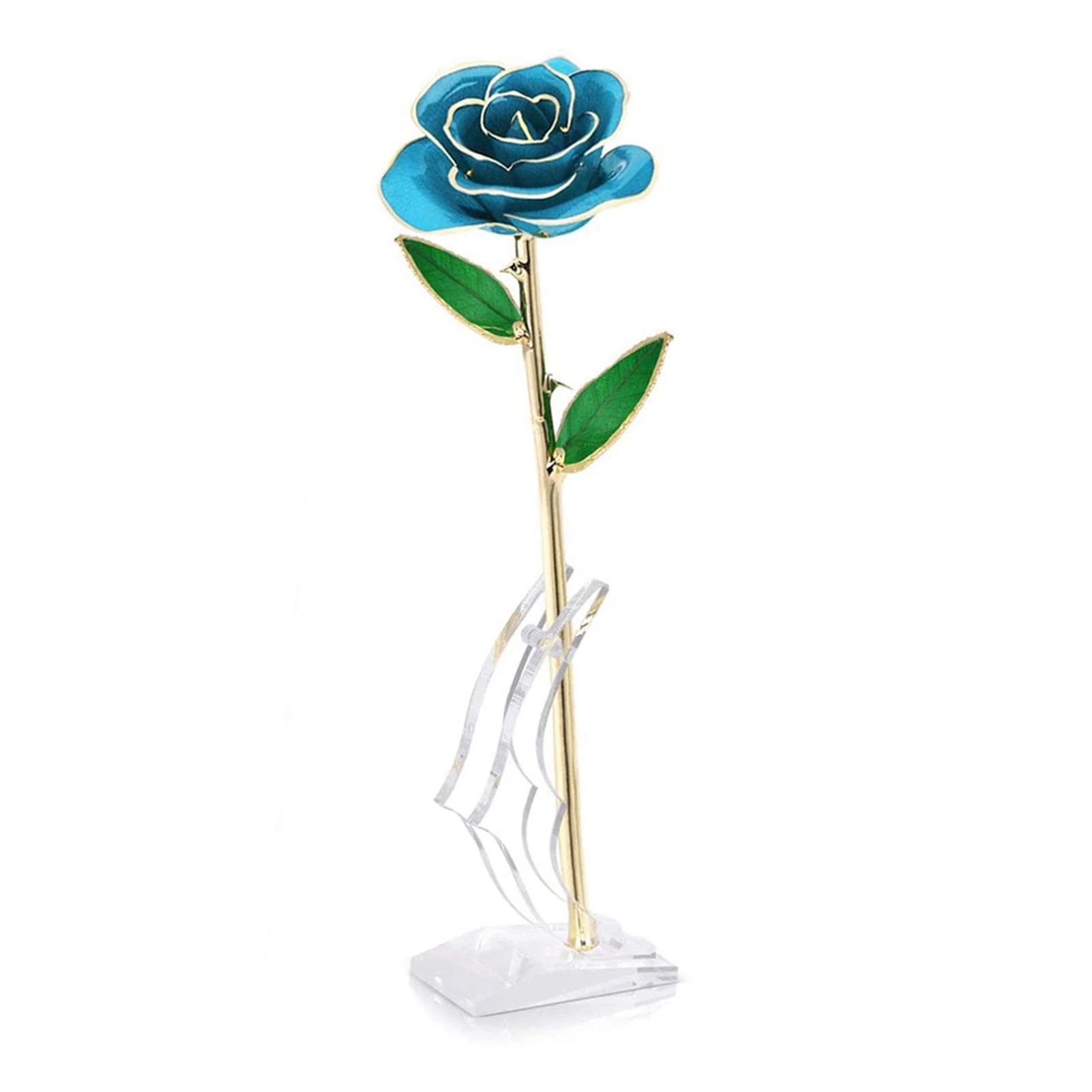 

11-12 Inches Light blue Real Rose with Stand Dipped 24k Gold in Gift Box, Real Rose Petals Leaves Thorns, 1 Piece per Package
