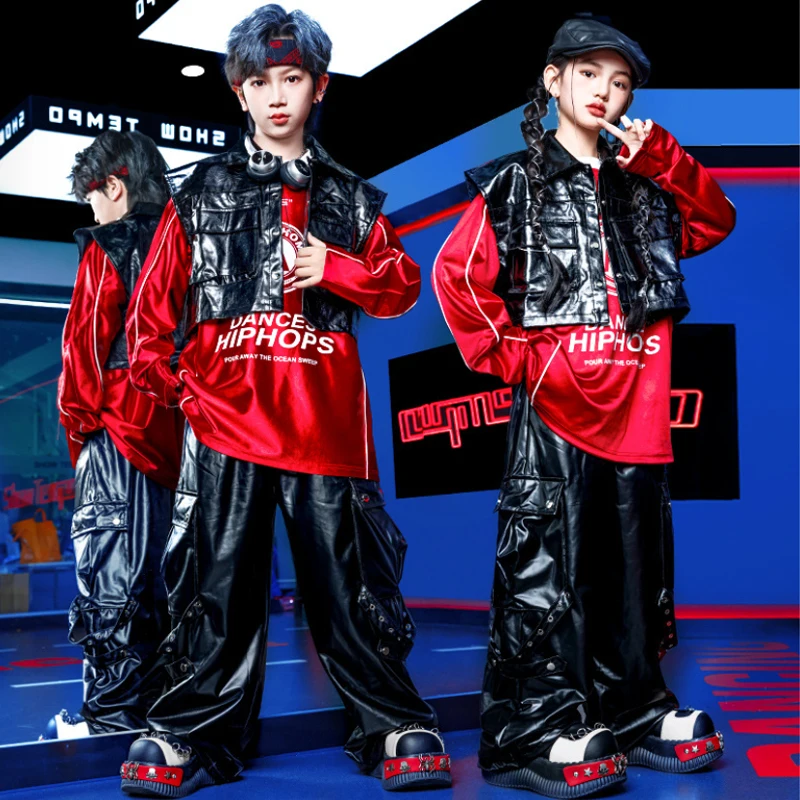 

Костюмы в стиле хип-хоп, детская одежда для джазовых танцев, красный топ, черные брюки, наряд для уличных танцев, крутая детская уличная одежда VDL4859