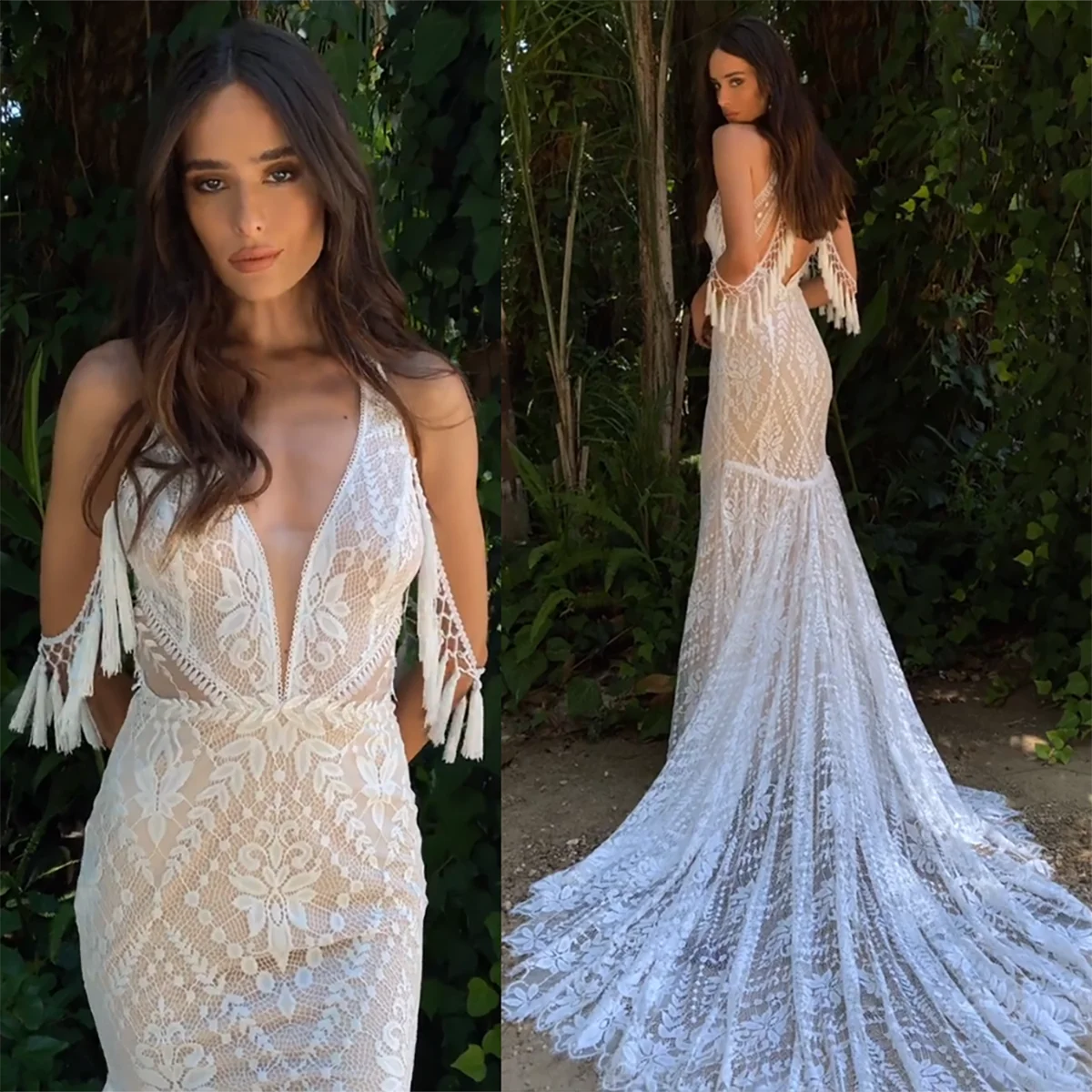 Boho Plunging V Neck Wedding Dress With Detachable Tassels Armbands Customized Lace Sheer Side  Bridal Gowns