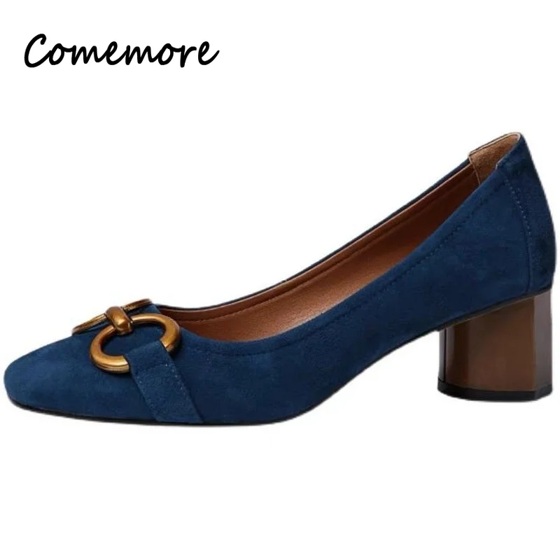 Comemore Spring Summer Dress Pumps Shoes Woman Heeled French Retro Blue High Heels Women\'s 2024 New Square Toe Medium Thick Heel