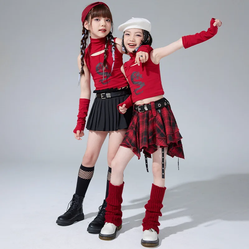 New Girls Jazz Dance Clothes Cheerleading Performance Outfit Wine Red Vest Plaid Skirt Kids Hip Hop Suit Kpop Stage Costumes