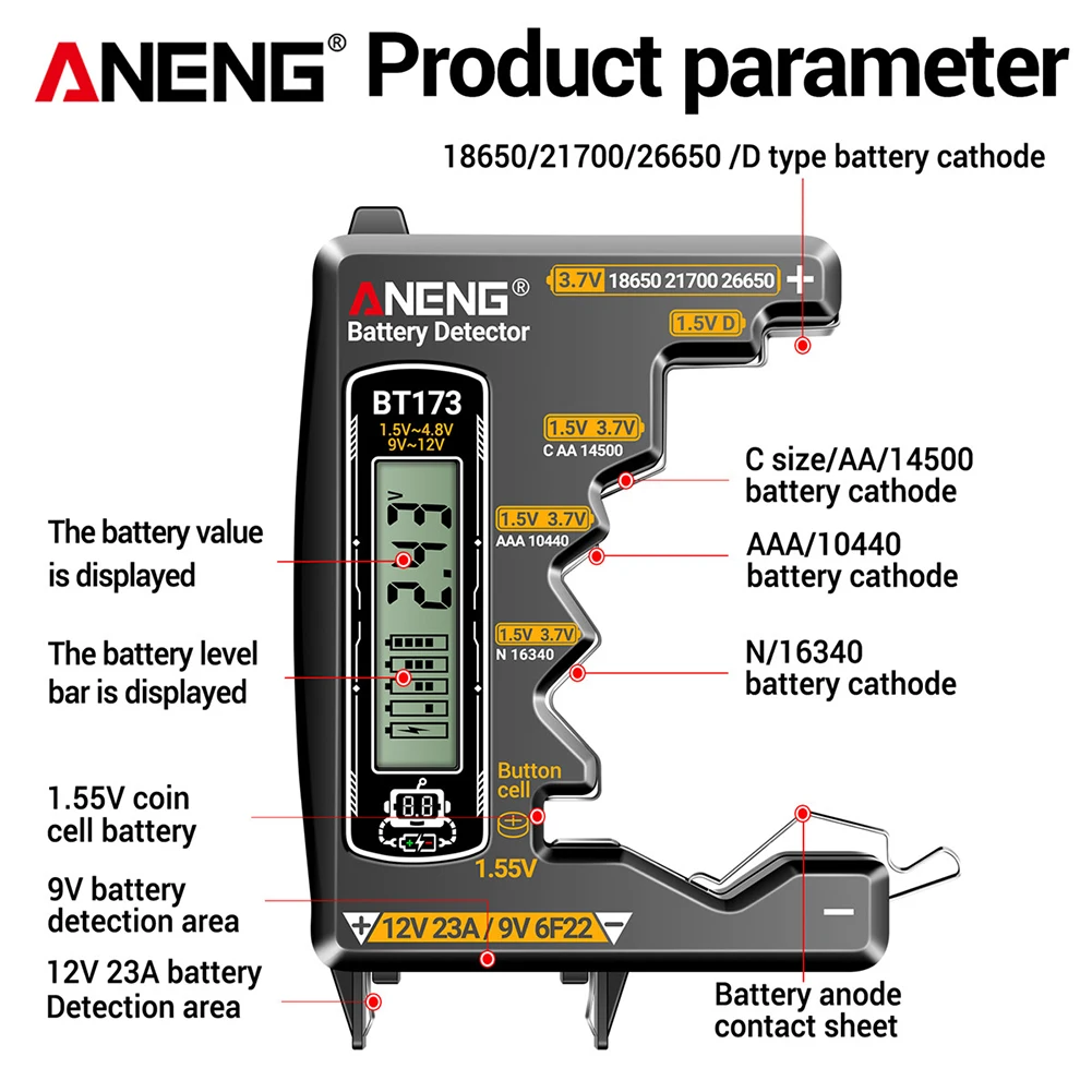 

Universal Portable ANENG Battery Tester BT173 Battery Detector Remaining Charge Display Battery Voltage Measurement