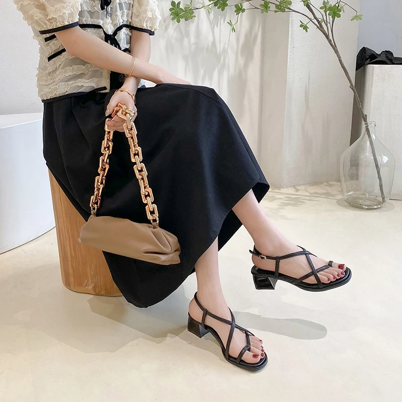 Female Sandal 2024 Women\'s Med Block Heels Ladies Shoes Summer Girls New Medium Fashion Chunky High Comfort Retro Beige