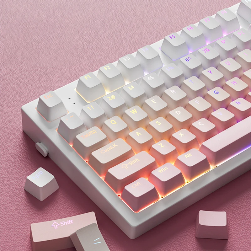 130 Keys Gradient Sakura Pink Shine Through Keycaps Cherry Profile Double Shot PBT Keycaps for MX Switches Mechanical Keyboards