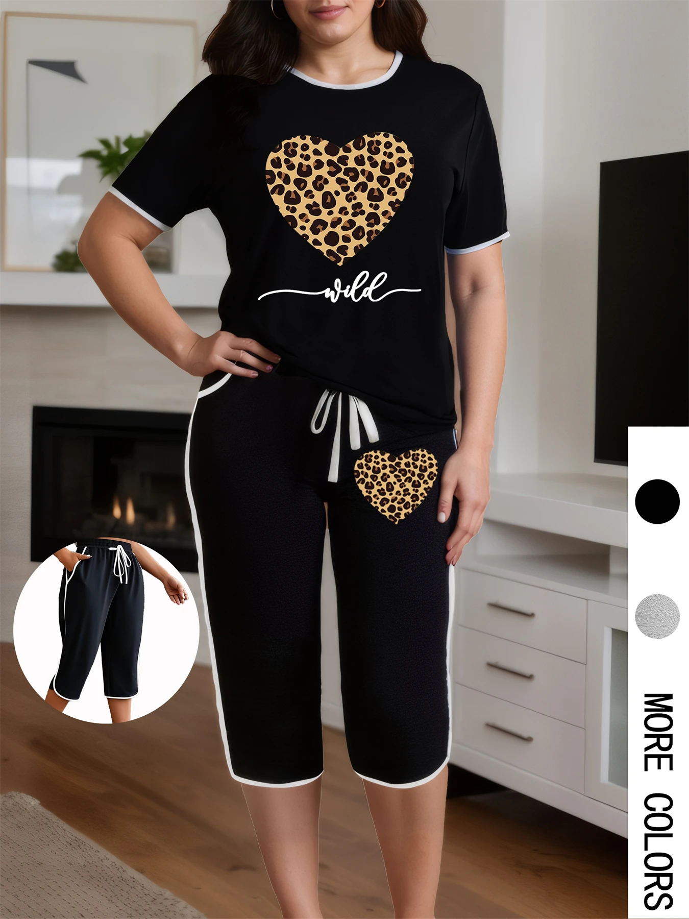

Plus Size Women Two Piece Set Heart Leopard Print Short Sleeve T-shirt Capri Pants Summer Suits Oversize Chic 2 Piece Outfits
