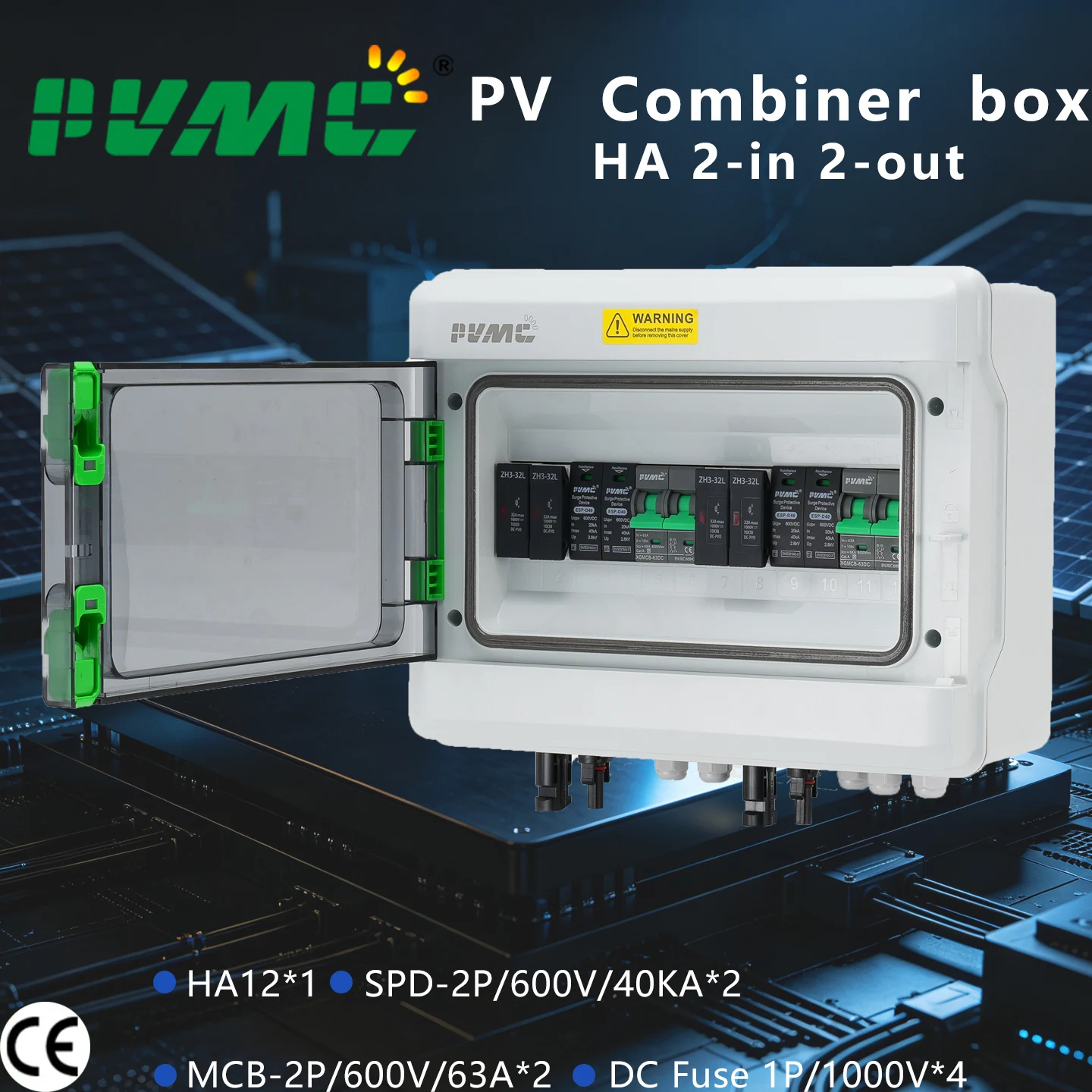 2-In 2-Out 600VDC PV Combiner Box with DC Circuit Breaker, SPD Surge Protector & PV Fuses