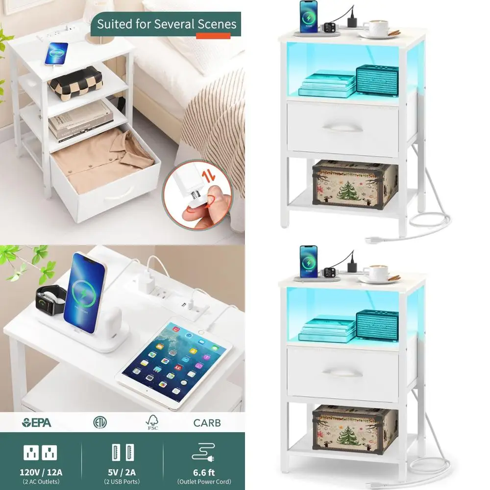 

Прикроватная тумба с LED-подсветкой и тканевым ящиком, 3-уровневый приставной столик для спальни и гостиной