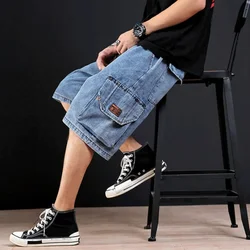 Long Drawstring Half Men's Short Jeans Pants Straight Male Denim Shorts Bermuda Korean Fashion Designer Rude Thin Buttons Cut Xl