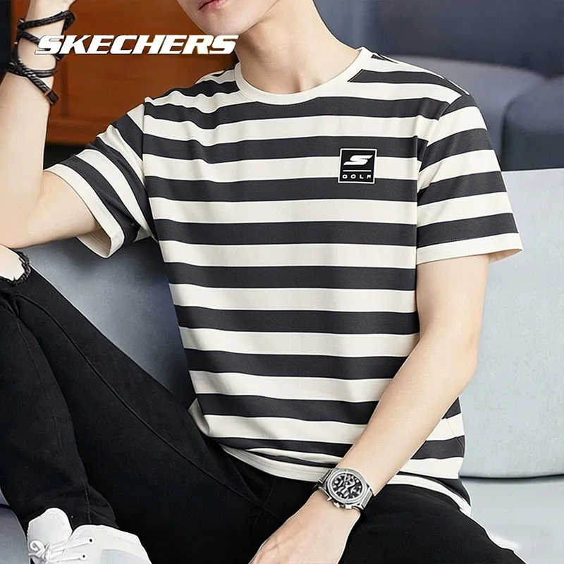 Skechers short-sleeved T-shirt for men, summer sports breathable fabric, striped, casual half-sleeve design P225U122-03K8