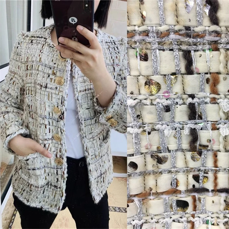 High End Retro Bead Piece Autumn Winter Small Fragrance Fabric Woven Beige Ribbon Jacket Skirt Coarse Woven Tweed Fabric meter