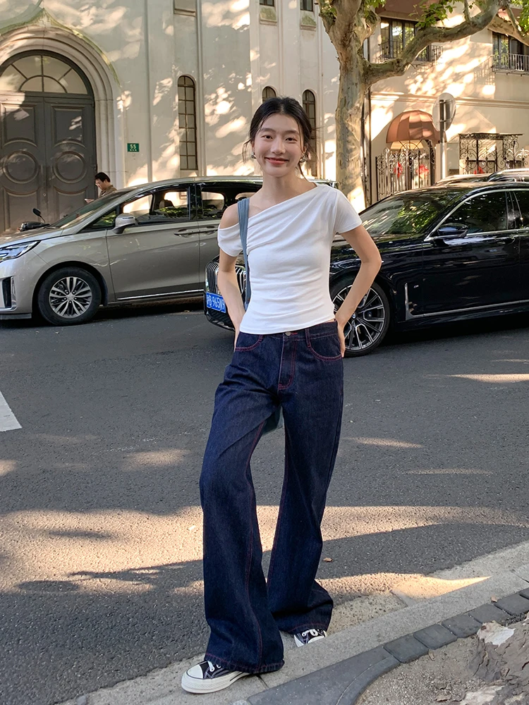 

Retro Deep Blue Sewing Line Women's Summer Thin Straight Leg Wide Leg Pants Low Waist Design Casual Loose Fit Denim Jeans